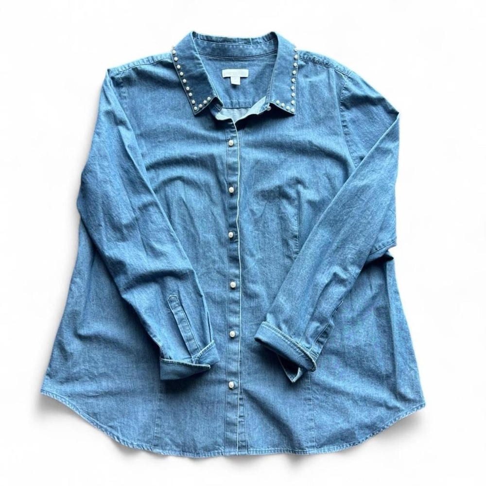 Blue Denim Pearl Studded Collar Jean Jacket